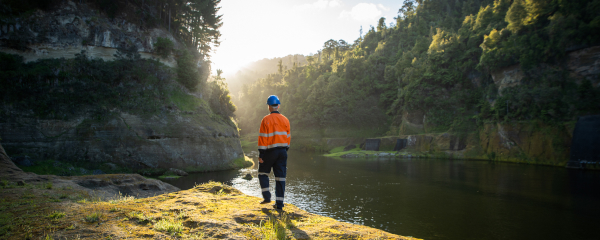 Worker in high-vis jacket and hard hat standing on a riverbank, overlooking the water within a forested gorge